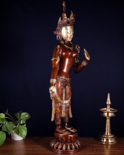 Pure Brass Standing Tara Idol – Dual Tone Copper & Golden Finish 30 inch - Budhshiv.com