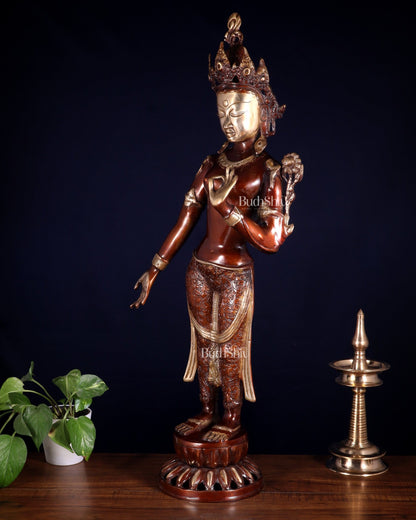 Pure Brass Standing Tara Idol – Dual Tone Copper & Golden Finish 30 inch - Budhshiv.com