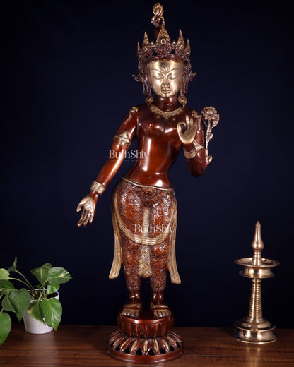 Pure Brass Standing Tara Idol – Dual Tone Copper & Golden Finish 30 inch - Budhshiv.com
