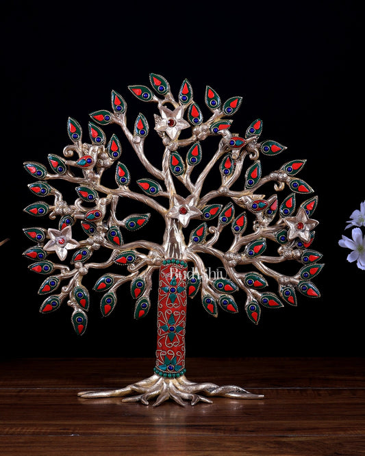 Pure brass standing tree 13 inch meenakari Stonework - Budhshiv.com