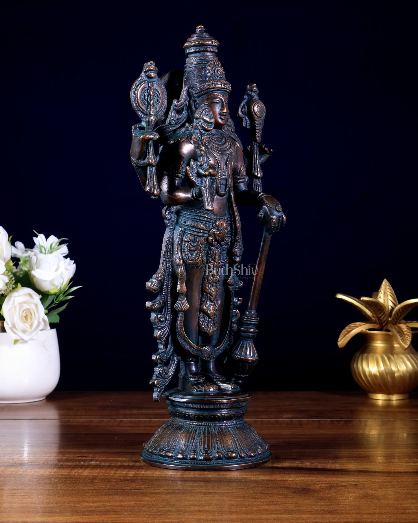Pure Brass Standing Vishnu Statue antique finish – 12 Inch - Budhshiv.com