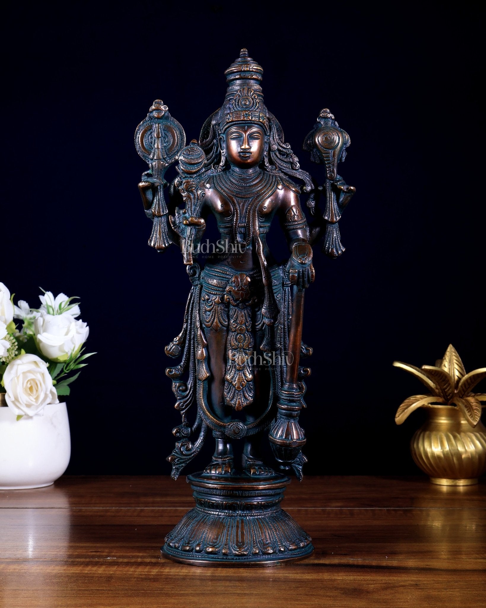 Pure Brass Standing Vishnu Statue antique finish – 12 Inch - Budhshiv.com