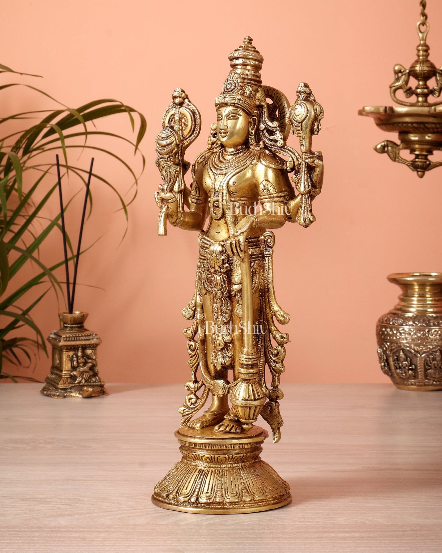 Pure Brass Standing Vishnu Statue golden tone – 12 Inch - Budhshiv.com