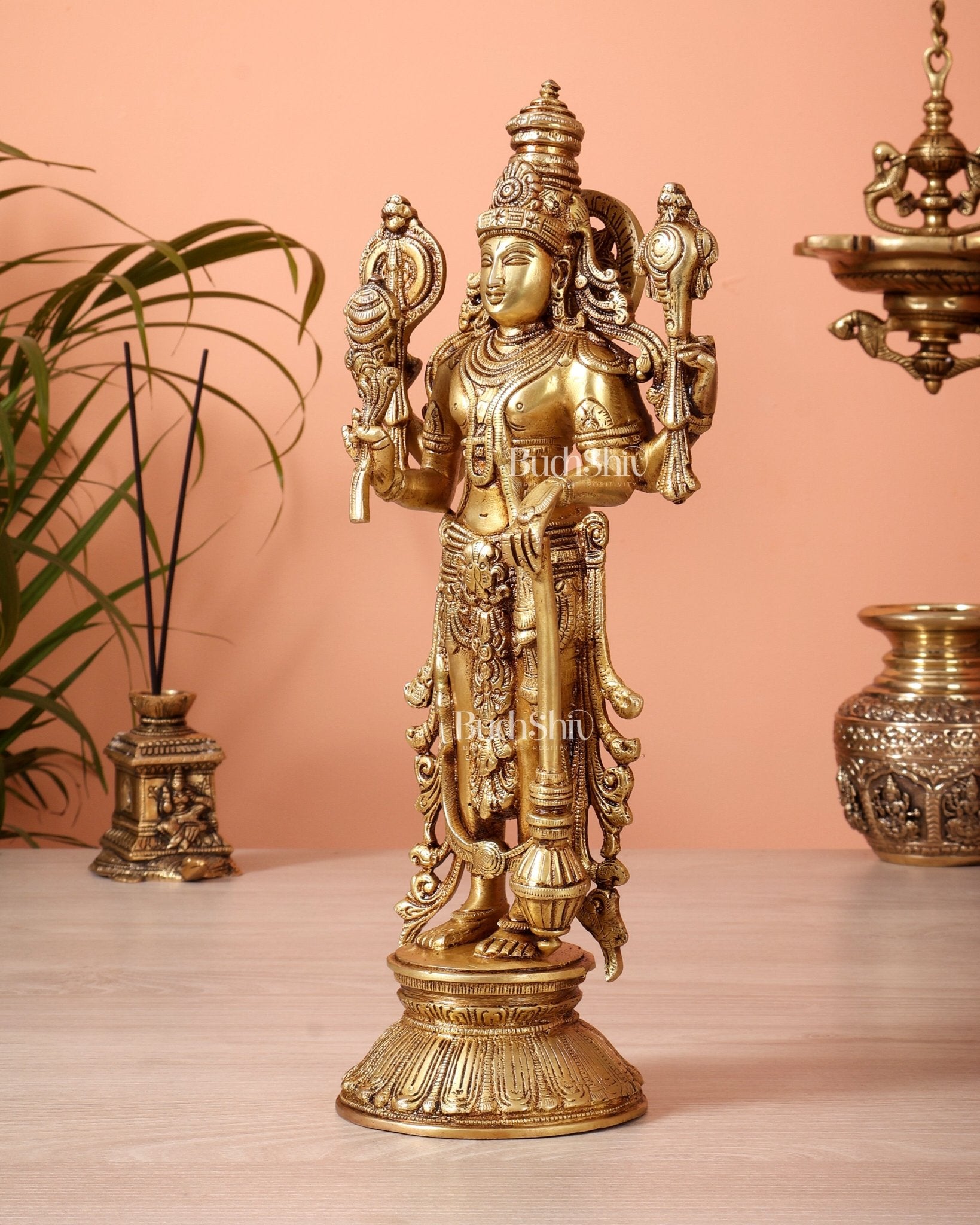 Pure Brass Standing Vishnu Statue golden tone – 12 Inch - Budhshiv.com