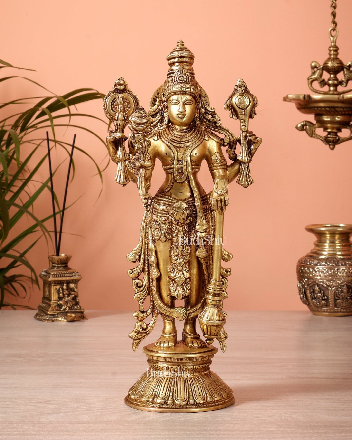 Pure Brass Standing Vishnu Statue golden tone – 12 Inch - Budhshiv.com