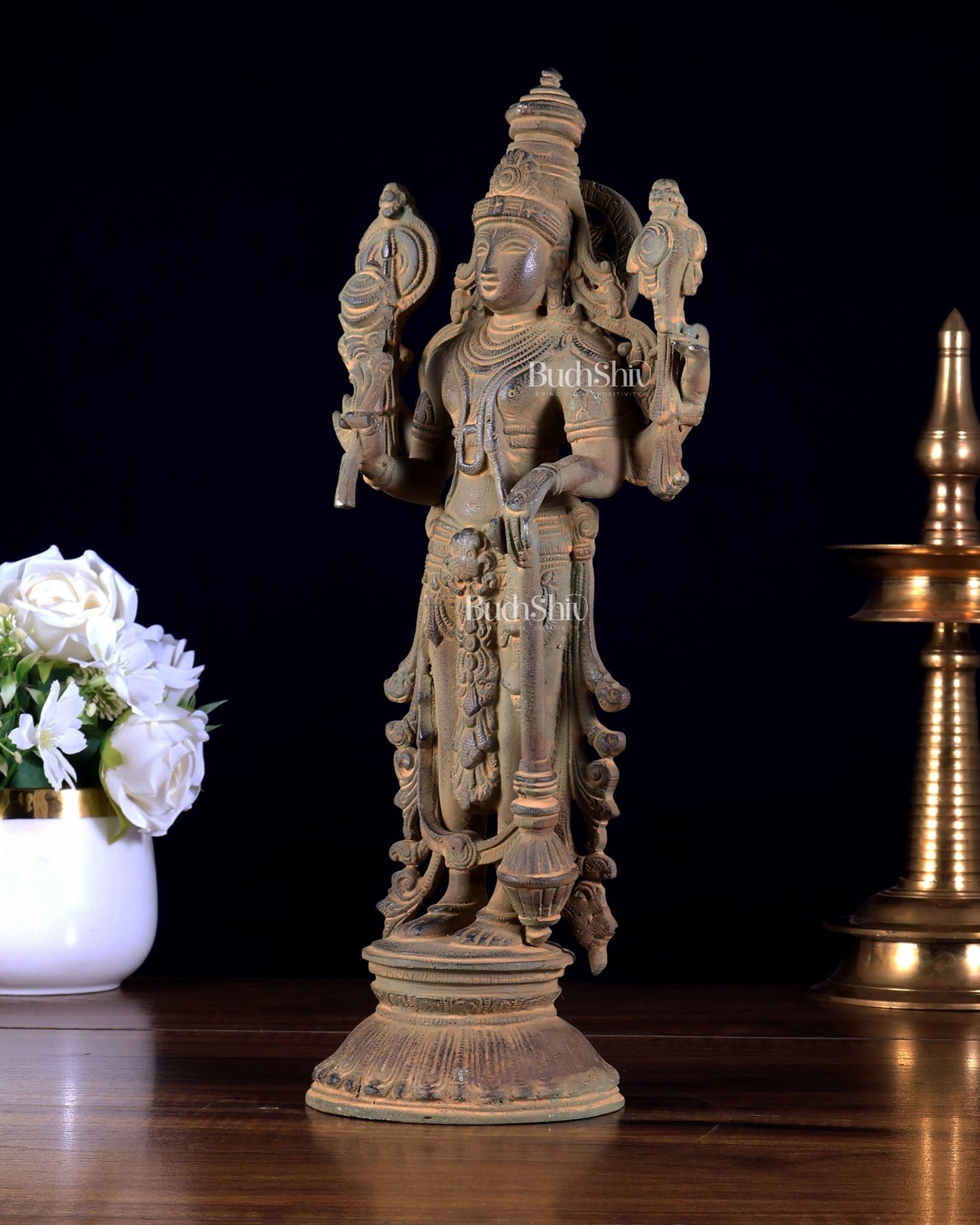Pure Brass Standing Vishnu Statue Sand patina finish – 12 Inch - Budhshiv.com