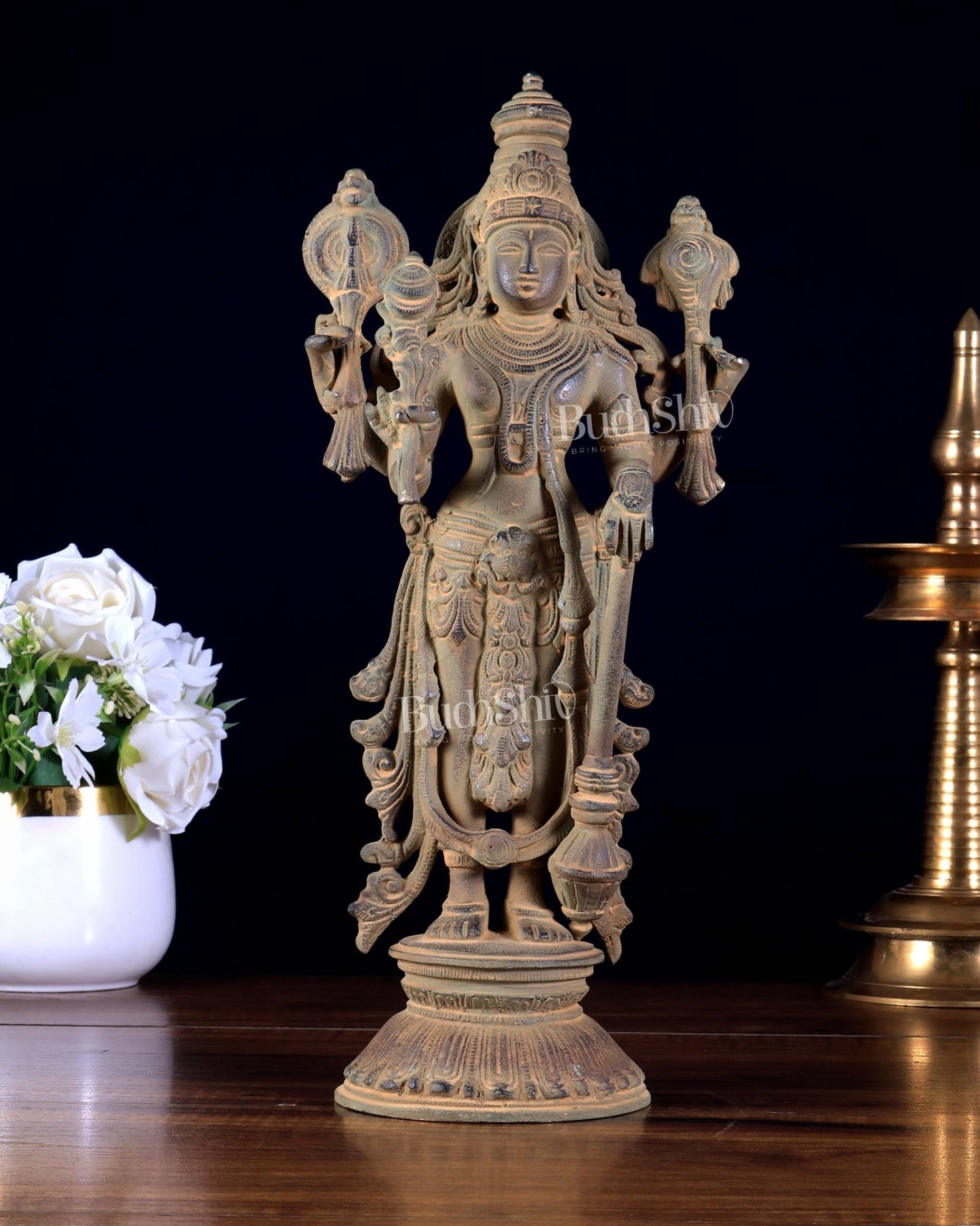 Pure Brass Standing Vishnu Statue Sand patina finish – 12 Inch - Budhshiv.com