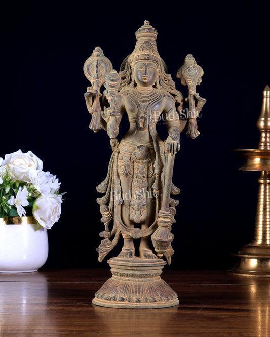 Pure Brass Standing Vishnu Statue Sand patina finish – 12 Inch - Budhshiv.com