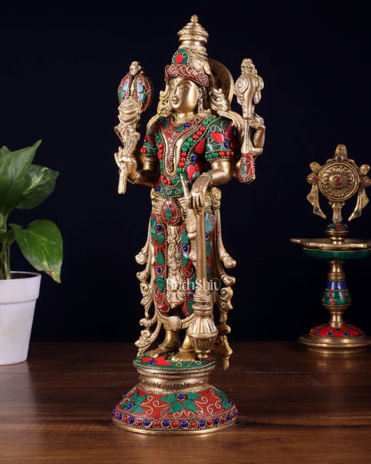 Pure Brass Standing Vishnu Statue with Meenakari Stonework – 12 Inch - Budhshiv.com