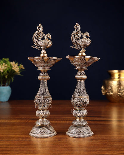 Pure Brass Superfine Annam Design Peacock samai diya – Intricate Design 8 inch pair - Budhshiv.com