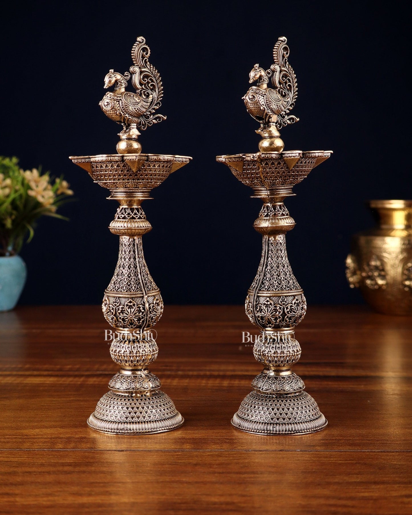 Pure Brass Superfine Annam Design Peacock samai diya – Intricate Design 8 inch pair - Budhshiv.com