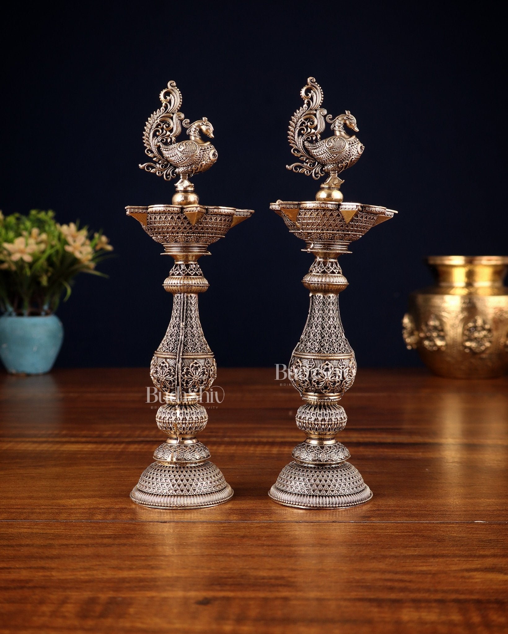 Pure Brass Superfine Annam Design Peacock samai diya – Intricate Design 8 inch pair - Budhshiv.com