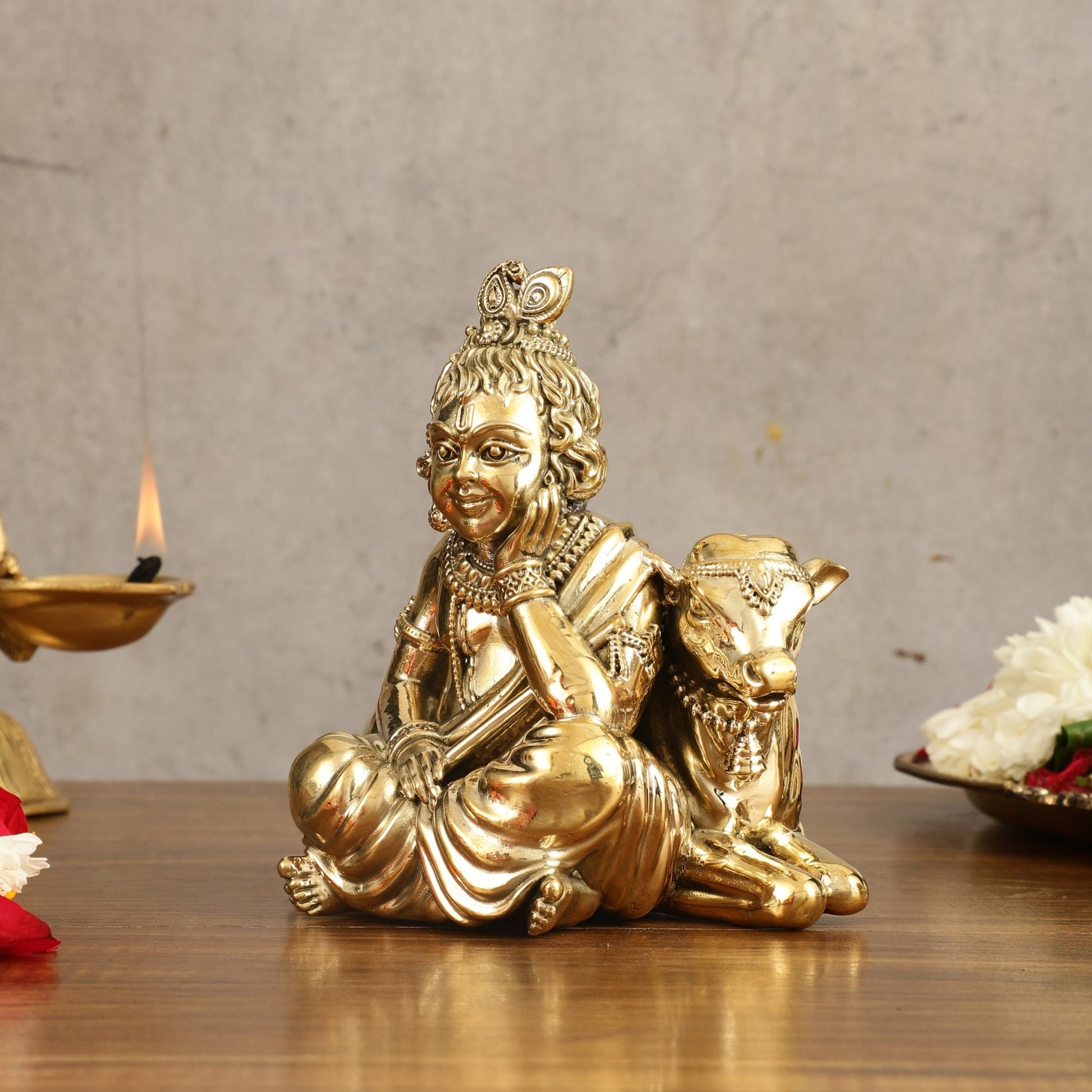 Pure Brass Superfine Bal Gopal with Cow Idol - 6 in Height - Budhshiv.com