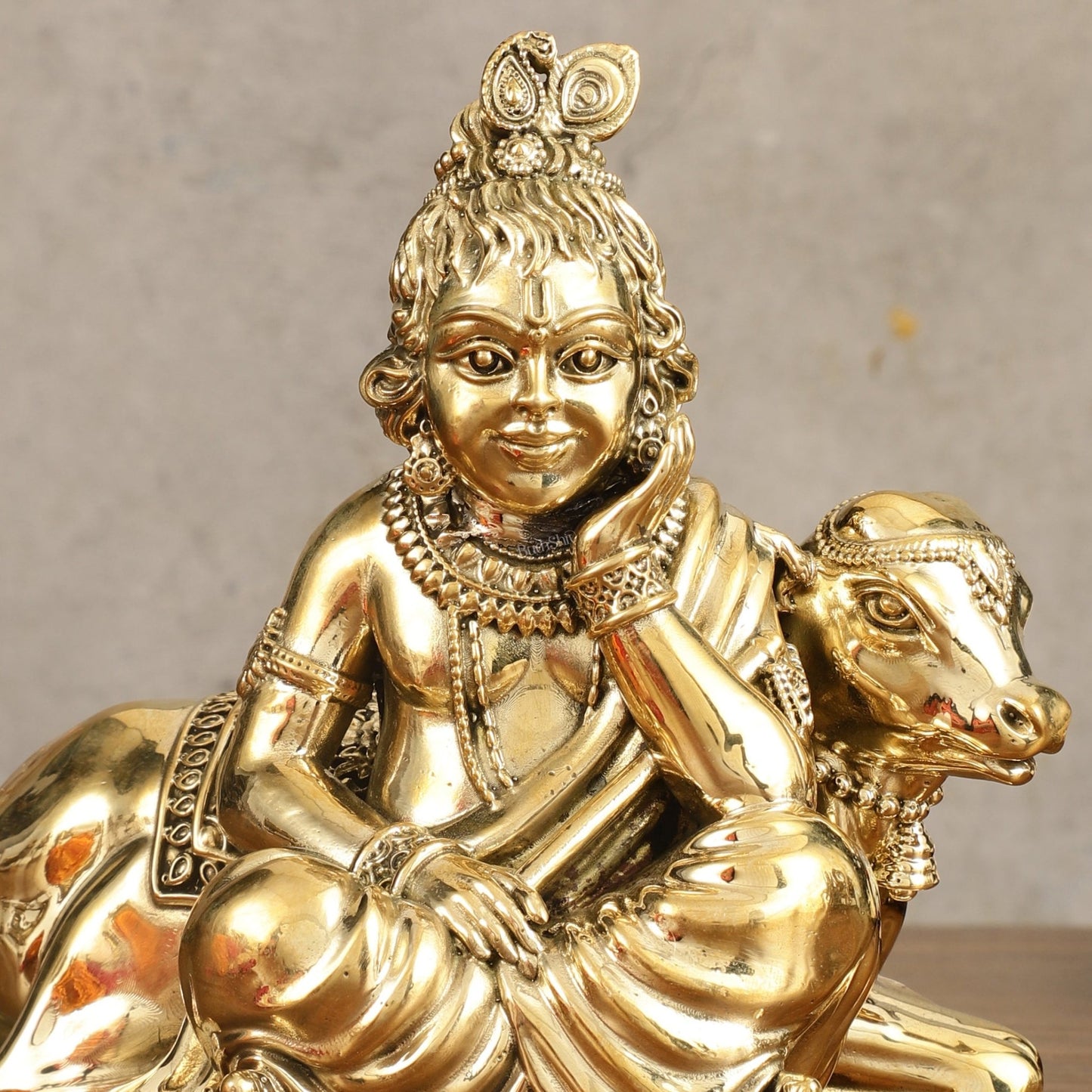 Pure Brass Superfine Bal Gopal with Cow Idol - 6 in Height - Budhshiv.com