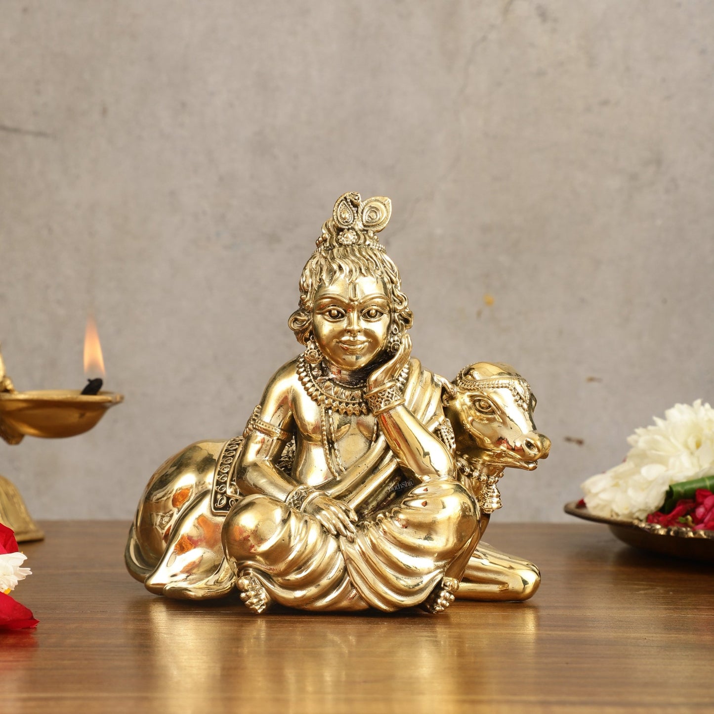 Pure Brass Superfine Bal Gopal with Cow Idol - 6 in Height - Budhshiv.com