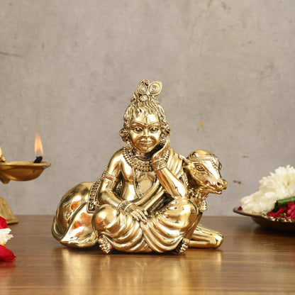 Pure Brass Superfine Bal Gopal with Cow Idol - 6 in Height - Budhshiv.com
