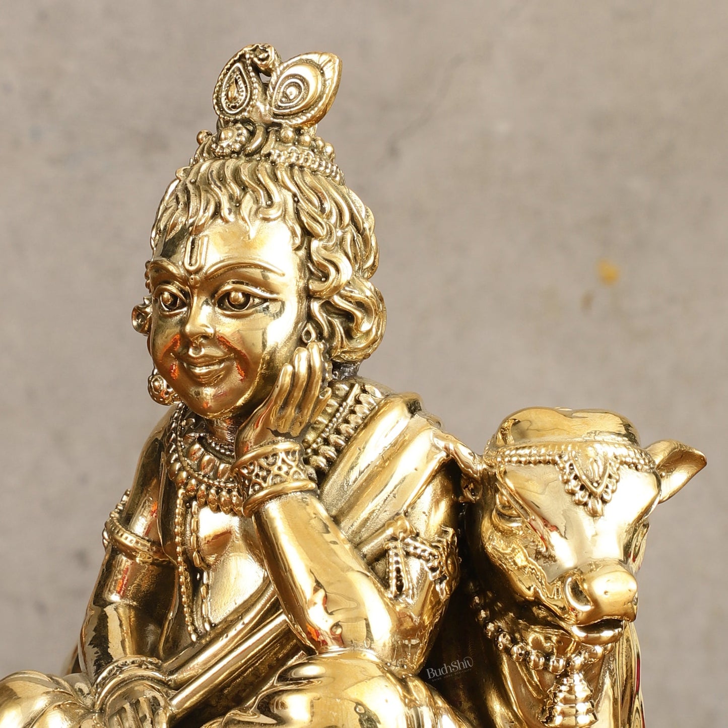 Pure Brass Superfine Bal Gopal with Cow Idol - 6 in Height - Budhshiv.com