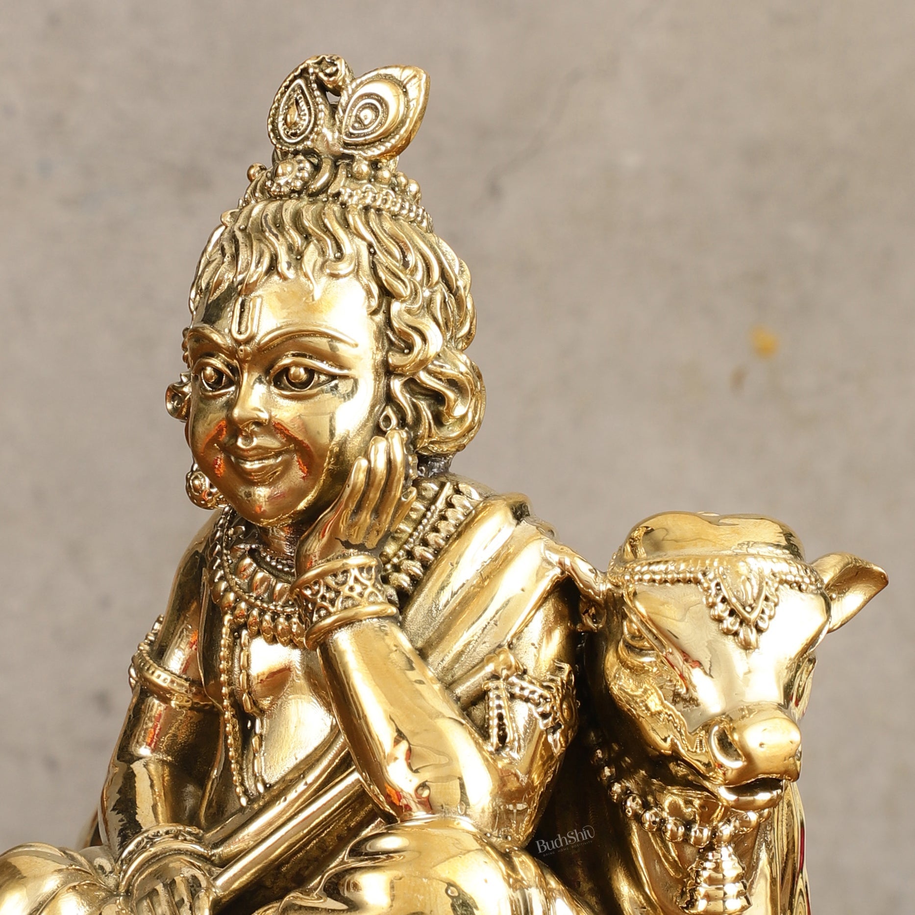 Pure Brass Superfine Bal Gopal with Cow Idol - 6 in Height - Budhshiv.com