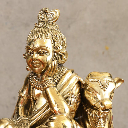 Pure Brass Superfine Bal Gopal with Cow Idol - 6 in Height - Budhshiv.com
