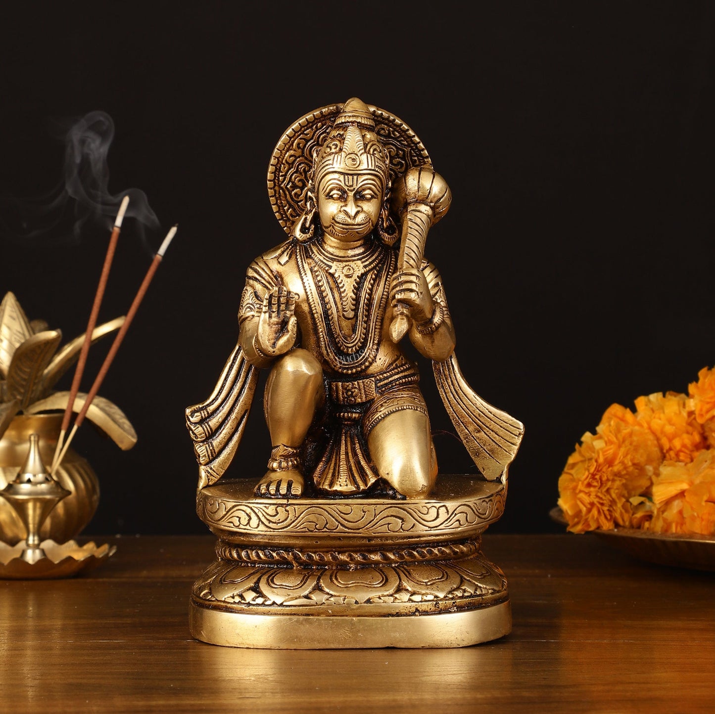 Pure Brass Superfine Blessing Hanuman Idol - 8" Divine Sculpture - Budhshiv.com