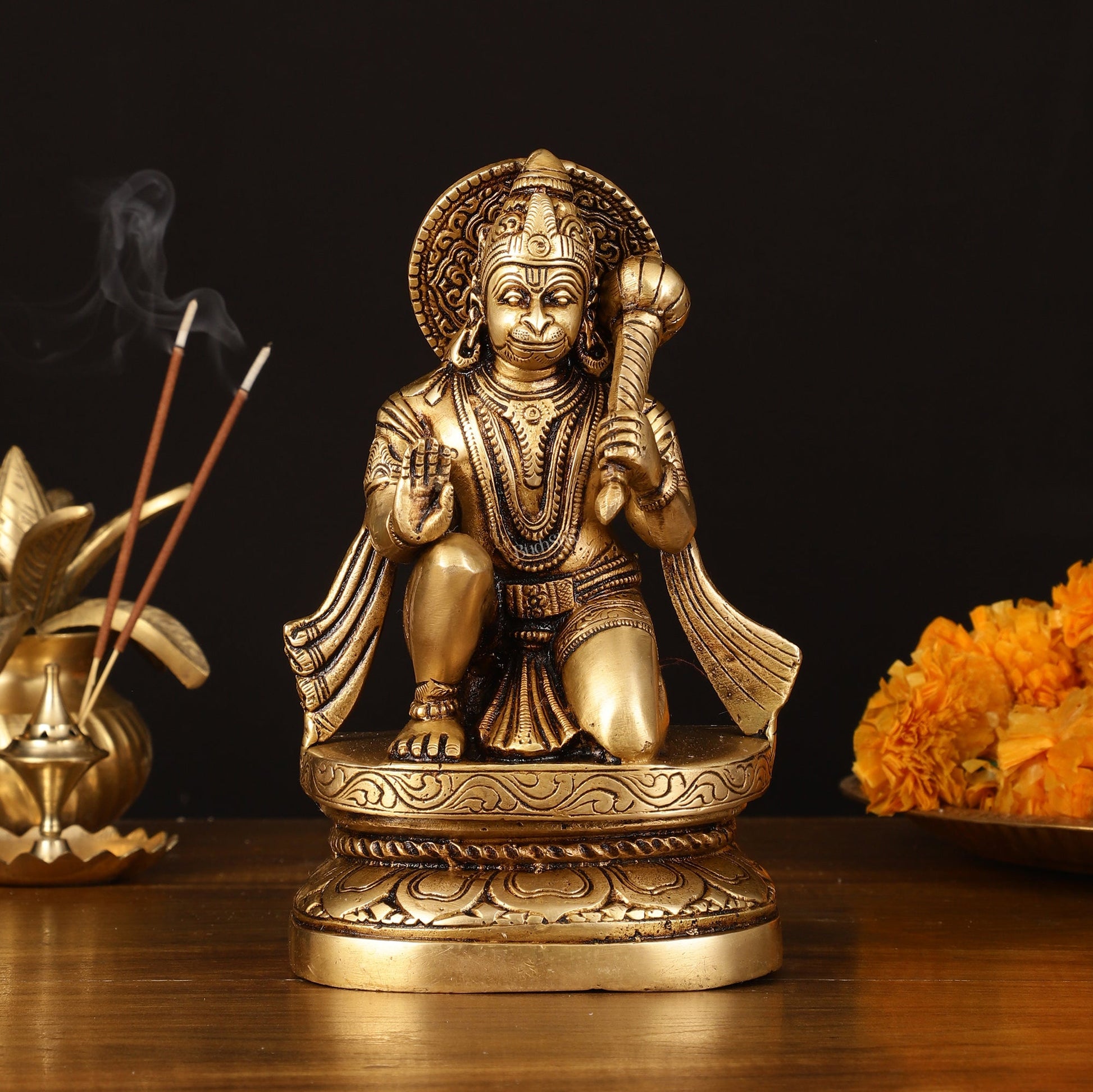 Pure Brass Superfine Blessing Hanuman Idol - 8" Divine Sculpture - Budhshiv.com