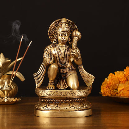 Pure Brass Superfine Blessing Hanuman Idol - 8" Divine Sculpture - Budhshiv.com