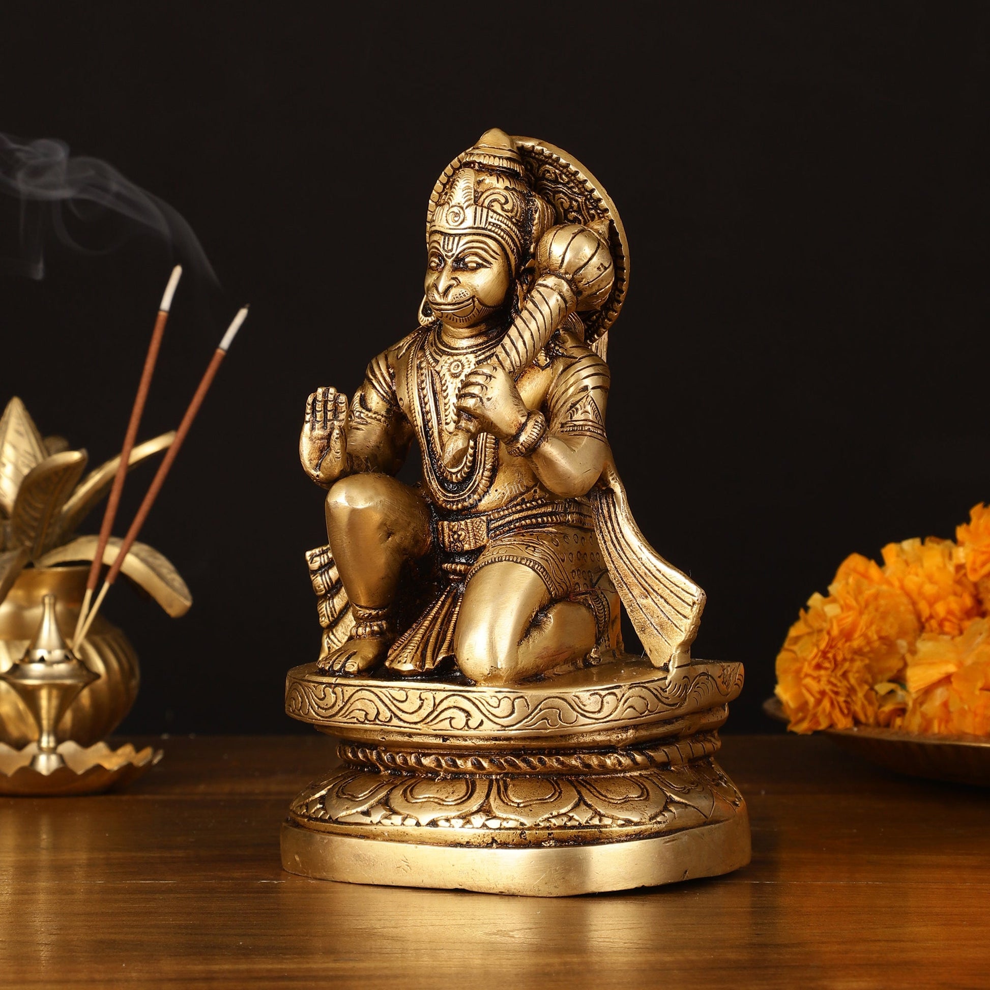 Pure Brass Superfine Blessing Hanuman Idol - 8" Divine Sculpture - Budhshiv.com