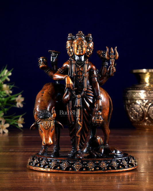 Pure Brass Superfine Dattatraya with cow and dog Idol - Hollow Casting, 5.5" chola brown tone - Budhshiv.com