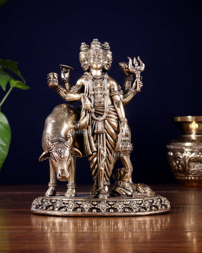 Pure Brass Superfine Dattatraya with cow and dog Idol - Lightweight Hollow Casting, 5.5" - Budhshiv.com