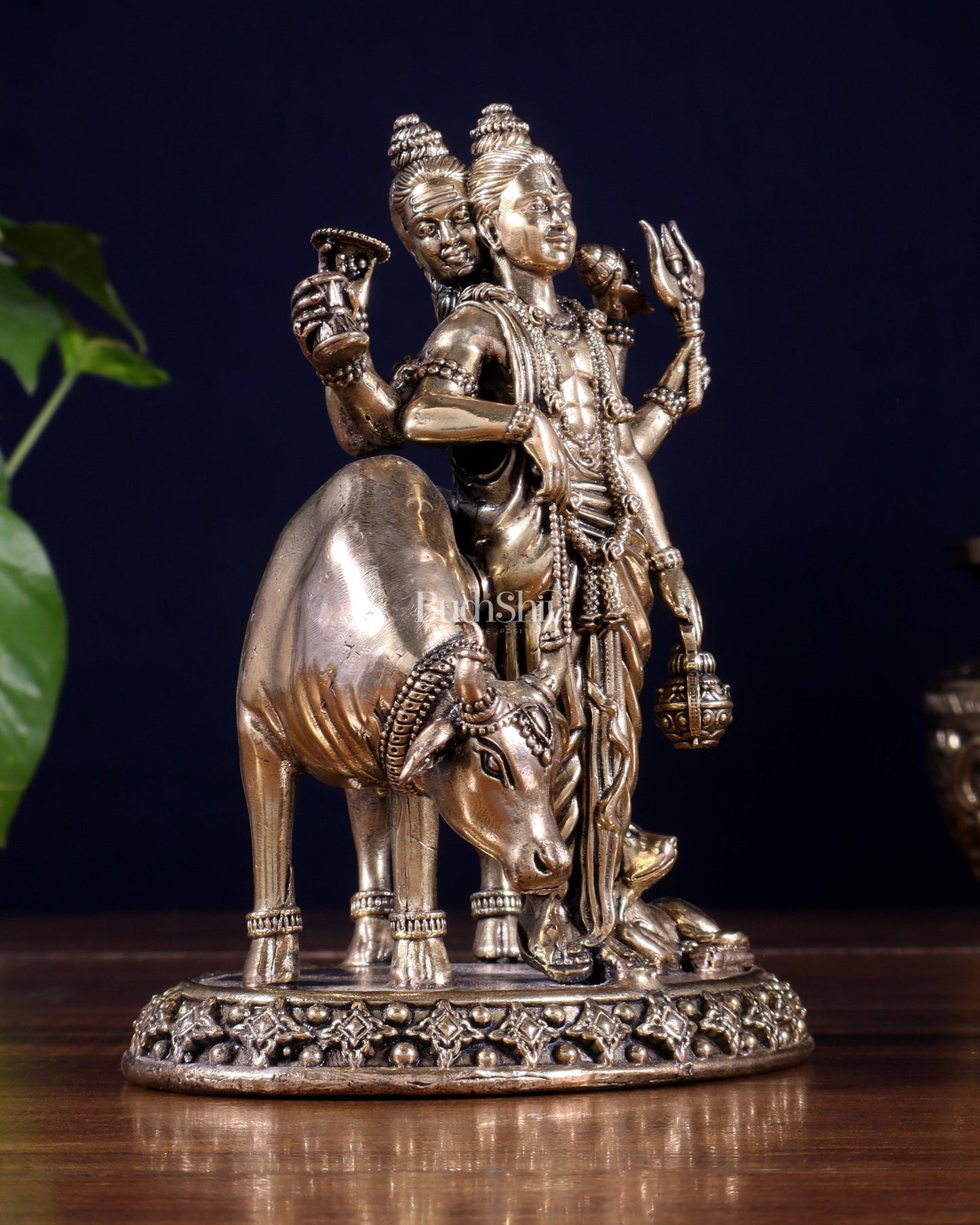Pure Brass Superfine Dattatraya with cow and dog Idol - Lightweight Hollow Casting, 5.5" - Budhshiv.com
