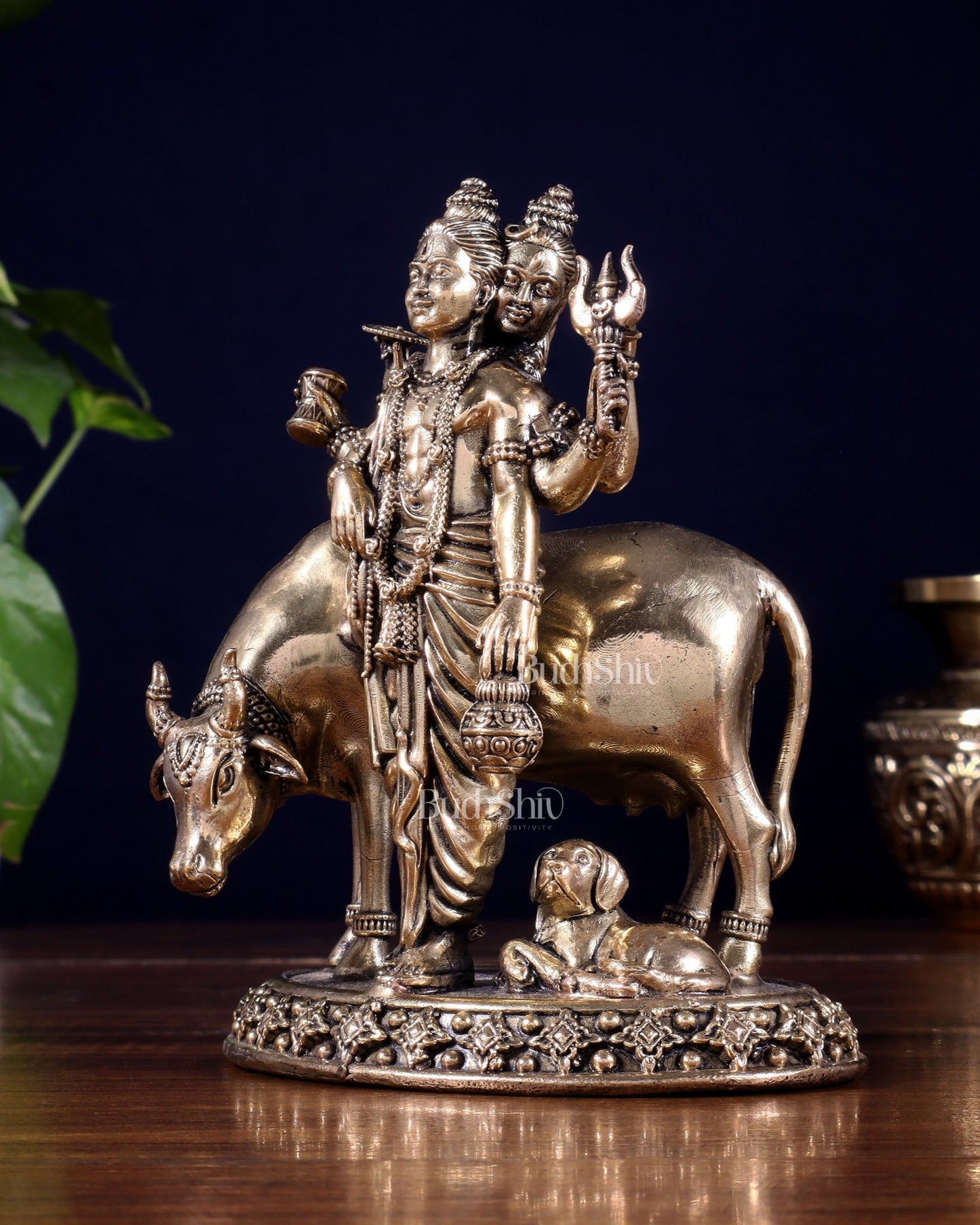 Pure Brass Superfine Dattatraya with cow and dog Idol - Lightweight Hollow Casting, 5.5" - Budhshiv.com