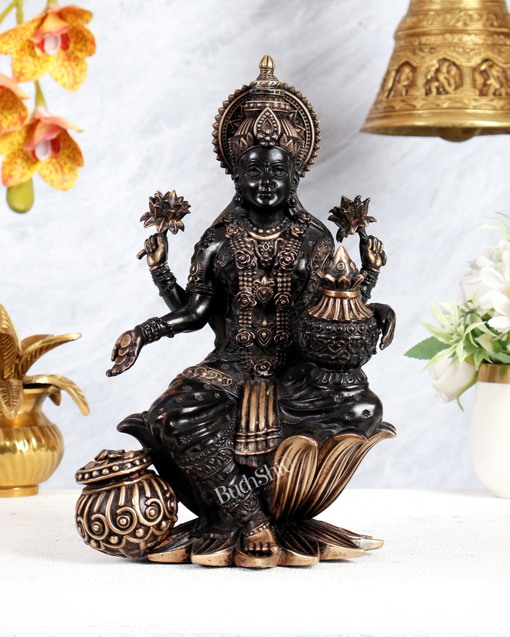 Pure Brass Superfine Dhan Lakshmi Idol – 10 Inch black finish - Budhshiv.com