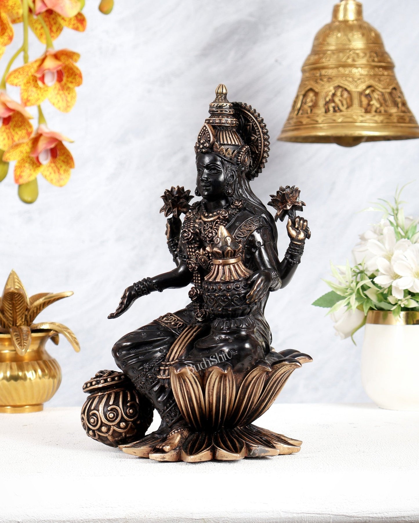 Pure Brass Superfine Dhan Lakshmi Idol – 10 Inch black finish - Budhshiv.com