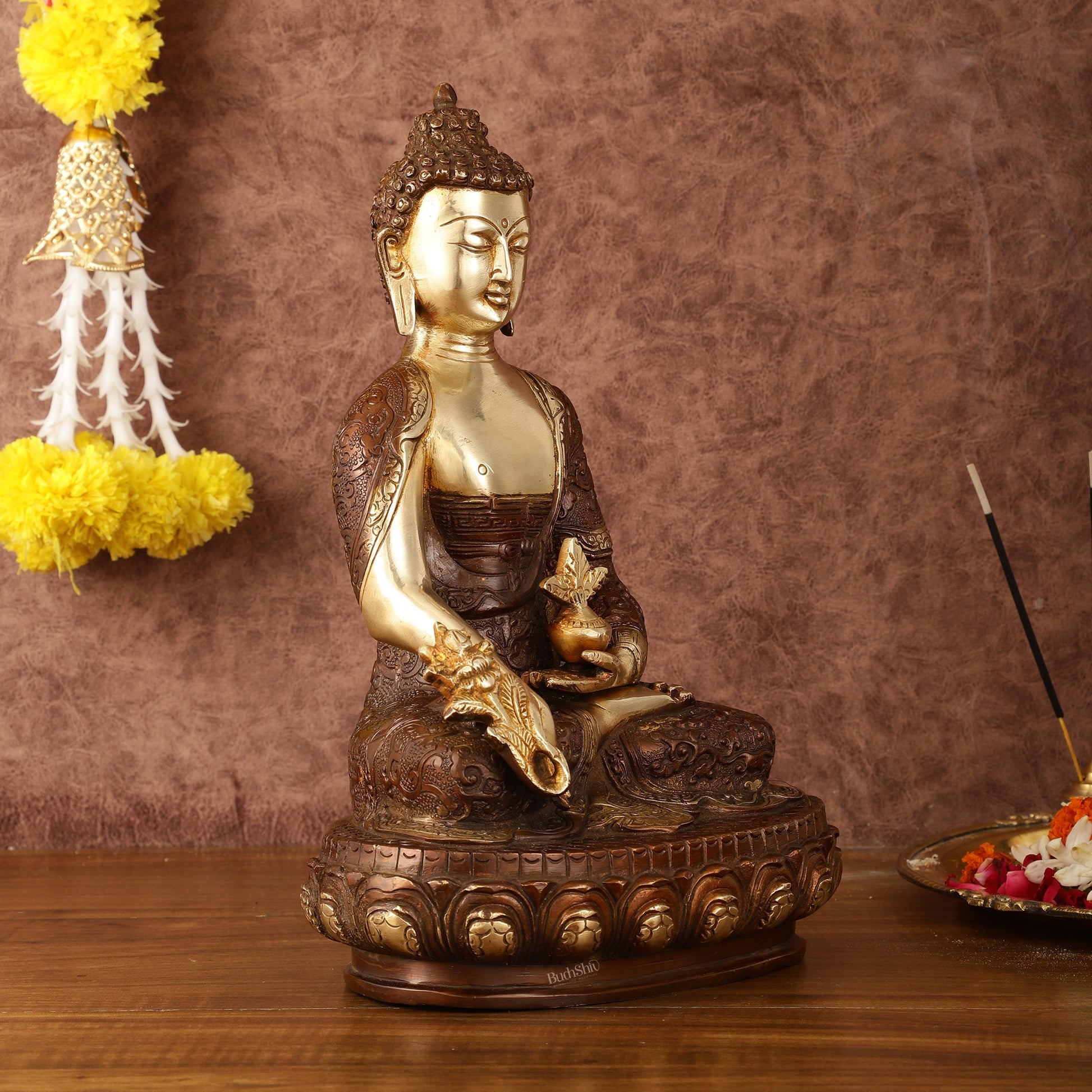 Pure Brass Superfine Dual Tone Medicine Buddha Statue - 12.5" - Budhshiv.com