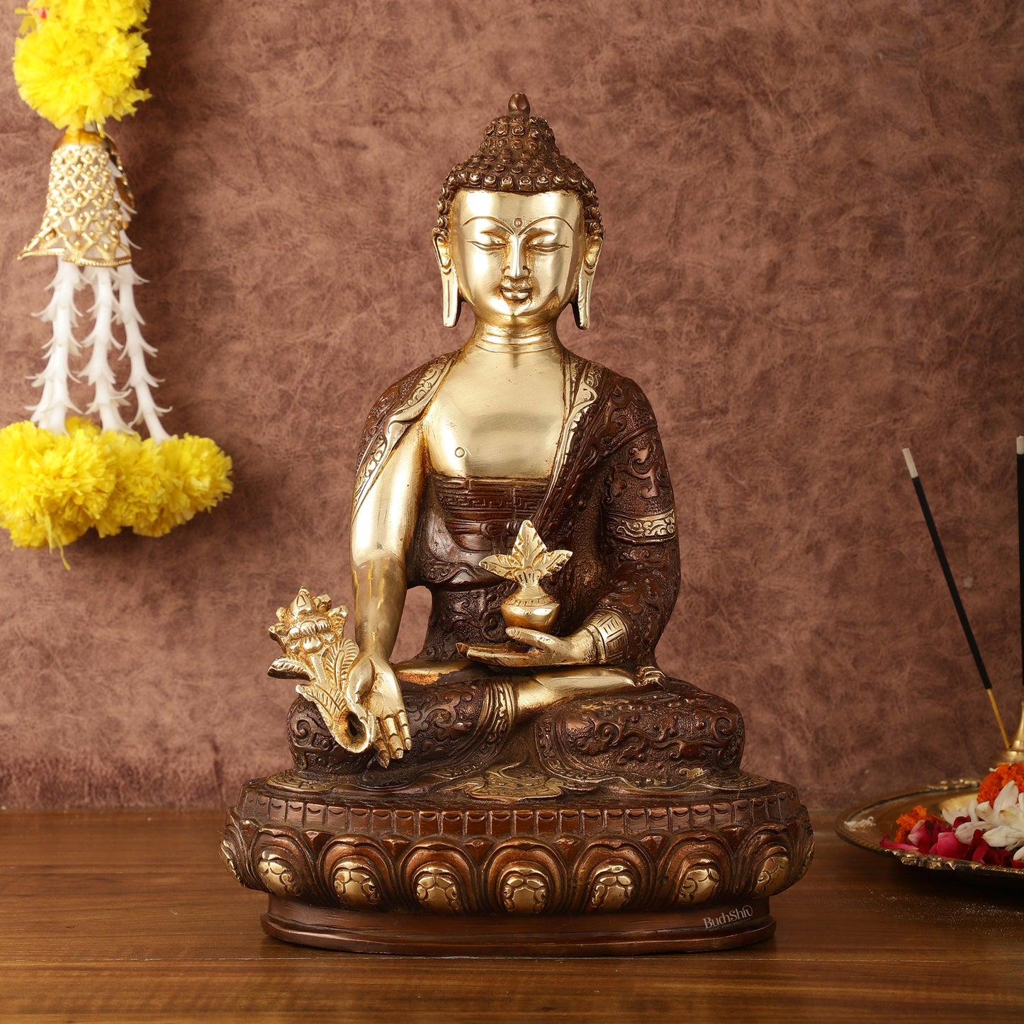 Pure Brass Superfine Dual Tone Medicine Buddha Statue - 12.5" - Budhshiv.com