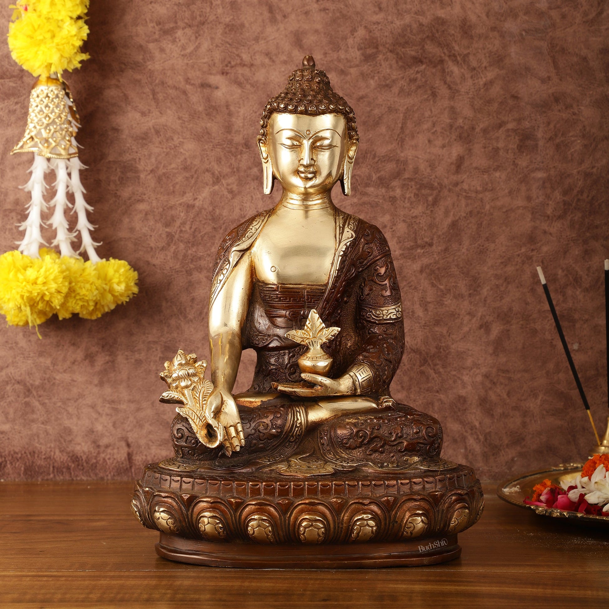 Pure Brass Superfine Dual Tone Medicine Buddha Statue - 12.5" - Budhshiv.com