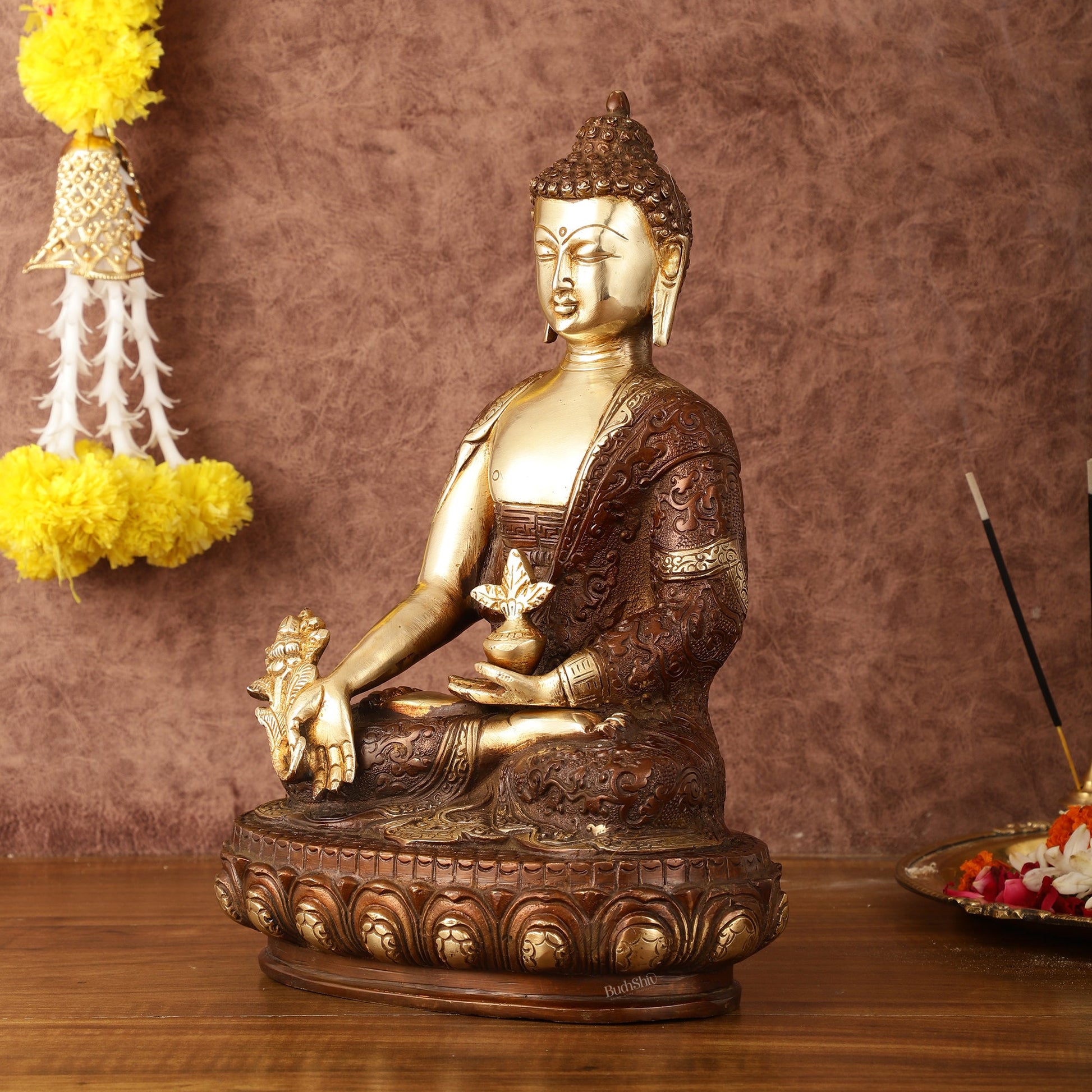 Pure Brass Superfine Dual Tone Medicine Buddha Statue - 12.5" - Budhshiv.com