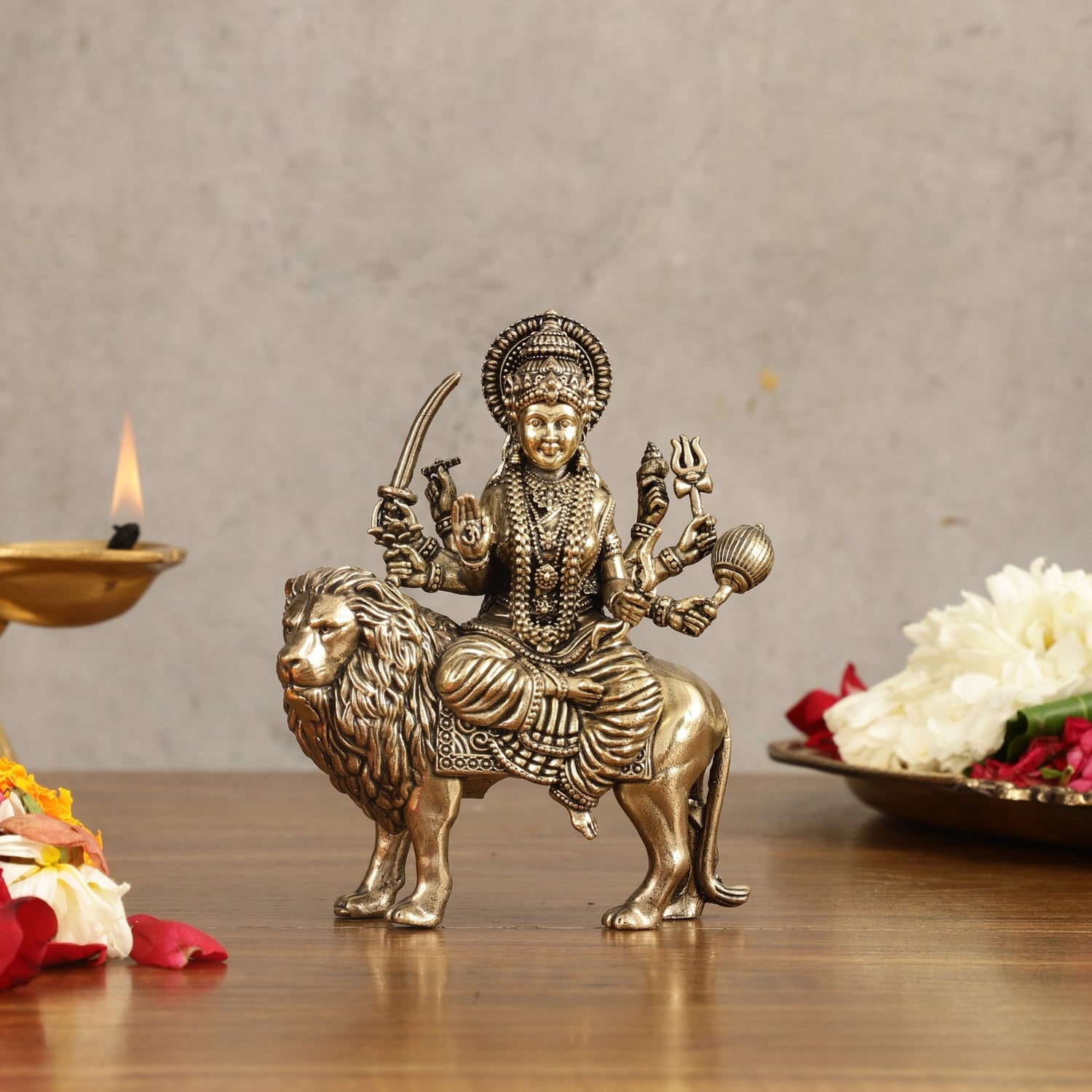 Pure Brass Superfine Durga on Lion Idol - 4 in Height - Budhshiv.com