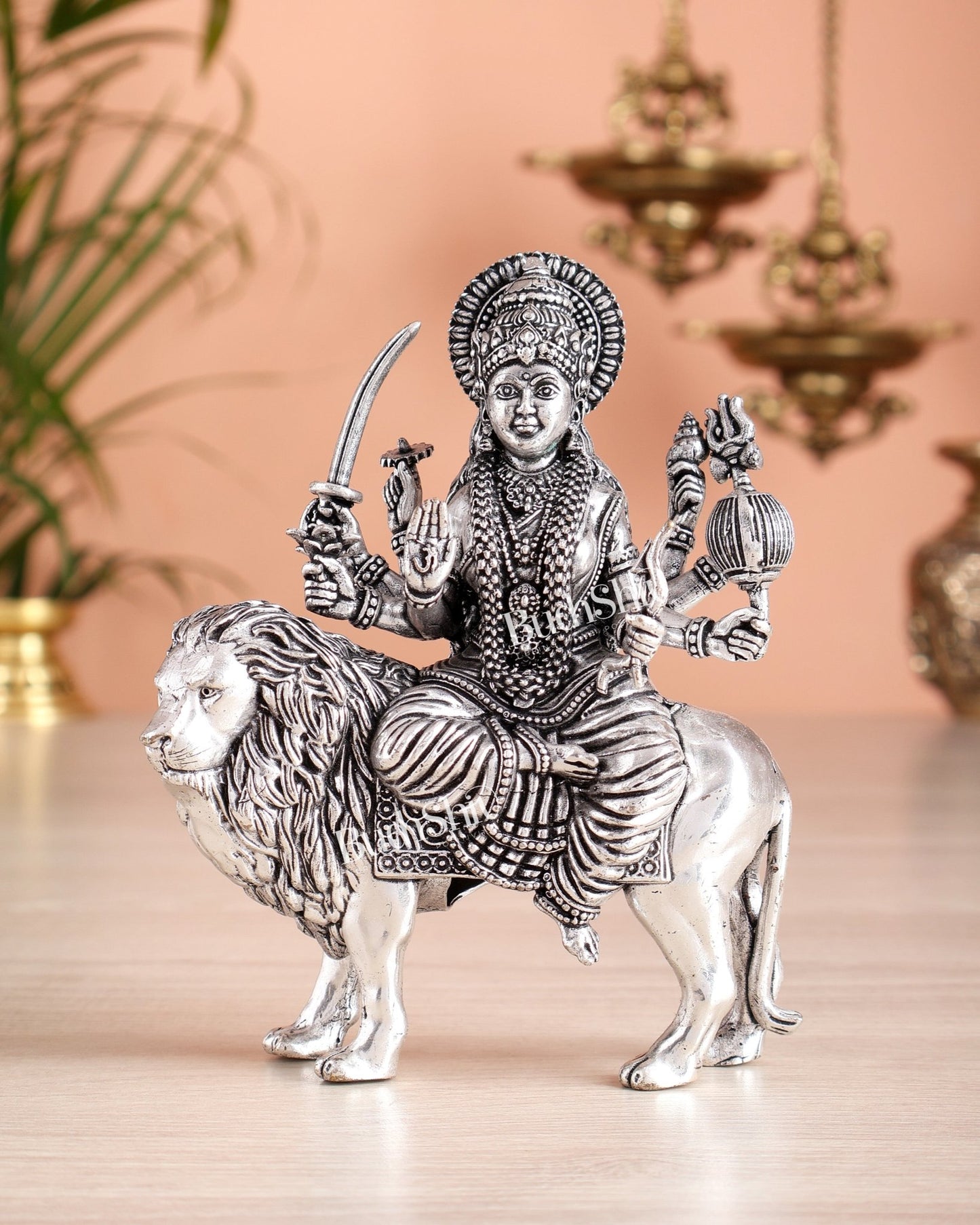 Pure Brass Superfine Durga on Lion Idol - 5 in Height silver plated - Budhshiv.com