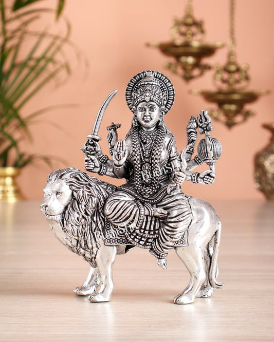 Pure Brass Superfine Durga on Lion Idol - 5 in Height silver plated - Budhshiv.com