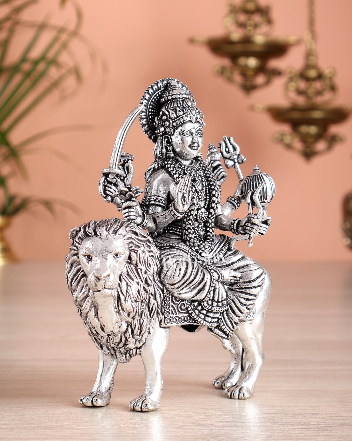 Pure Brass Superfine Durga on Lion Idol - 5 in Height silver plated - Budhshiv.com