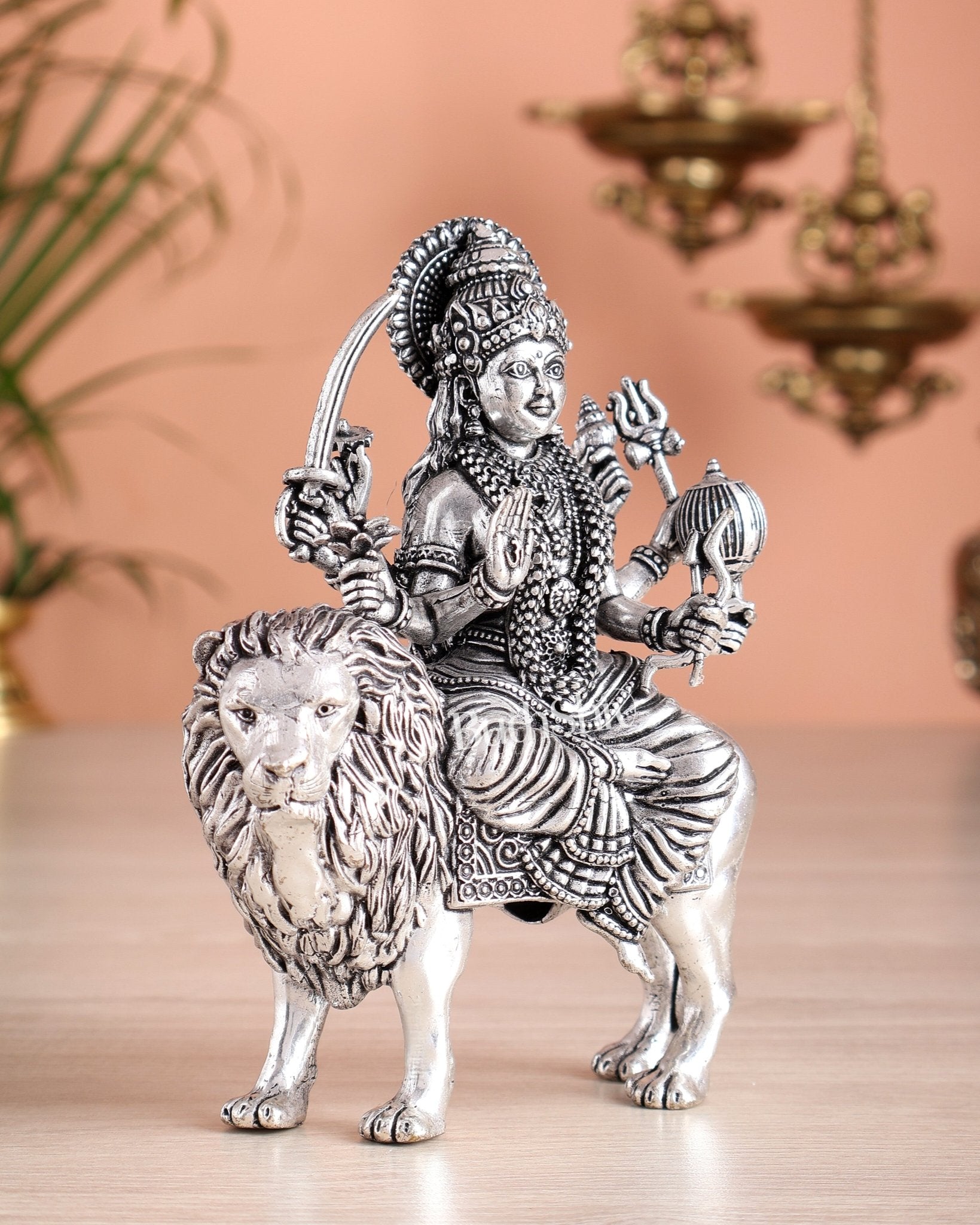 Pure Brass Superfine Durga on Lion Idol - 5 in Height silver plated - Budhshiv.com