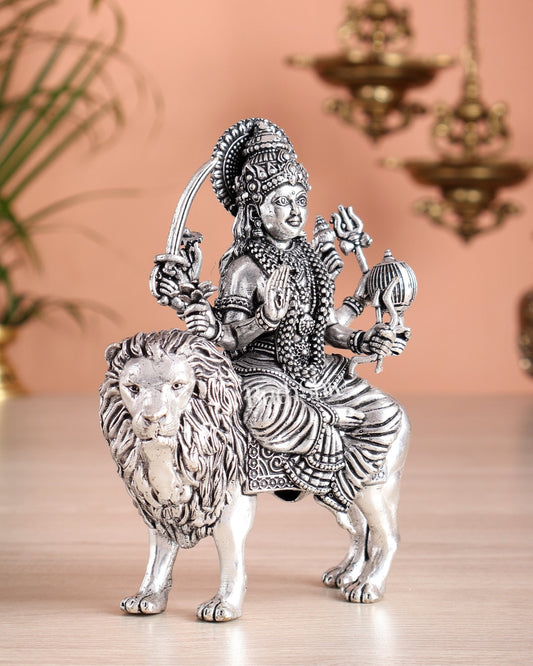Pure Brass Superfine Durga on Lion Idol - 5 in Height silver plated - Budhshiv.com