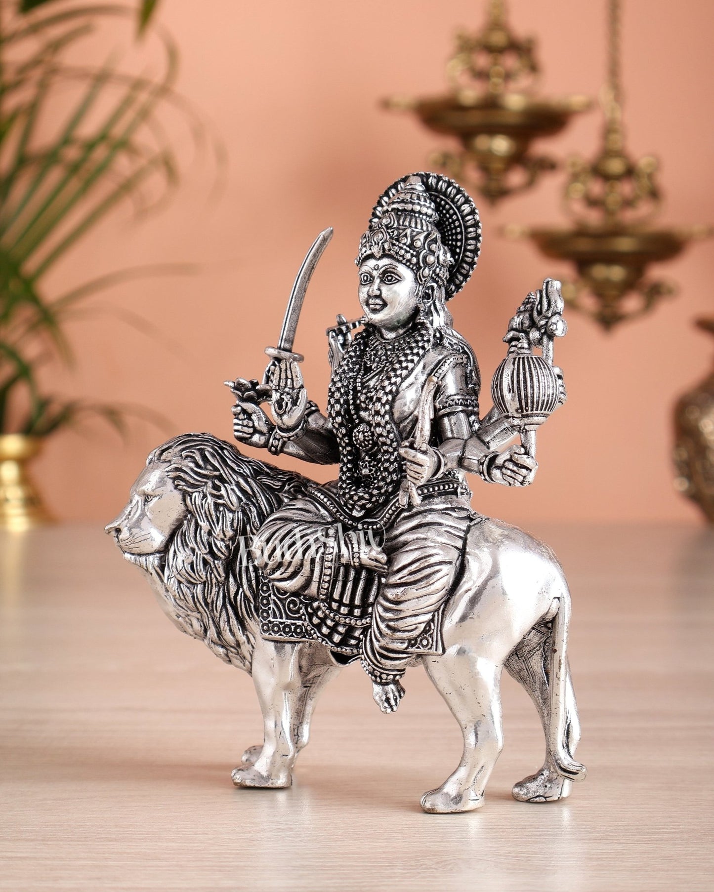 Pure Brass Superfine Durga on Lion Idol - 5 in Height silver plated - Budhshiv.com