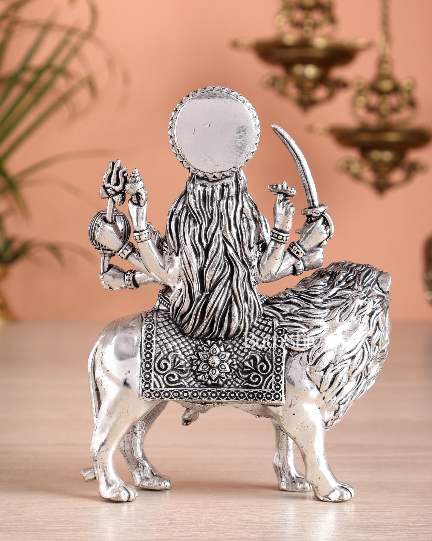 Pure Brass Superfine Durga on Lion Idol - 5 in Height silver plated - Budhshiv.com