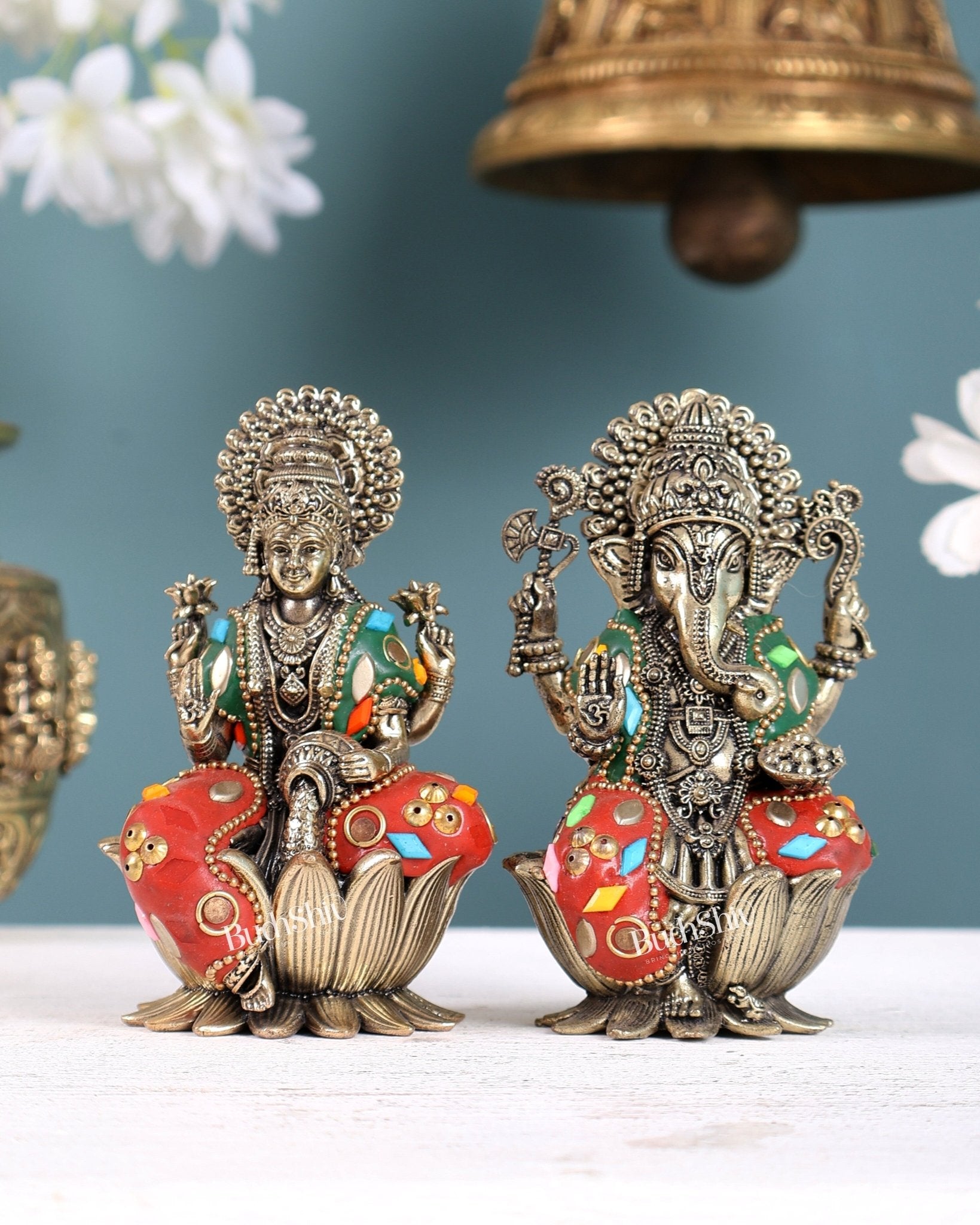 Pure Brass Superfine Ganesha Lakshmi Idol Set – Available in 4, 5, 6 & 8 Inches multicolour - Budhshiv.com