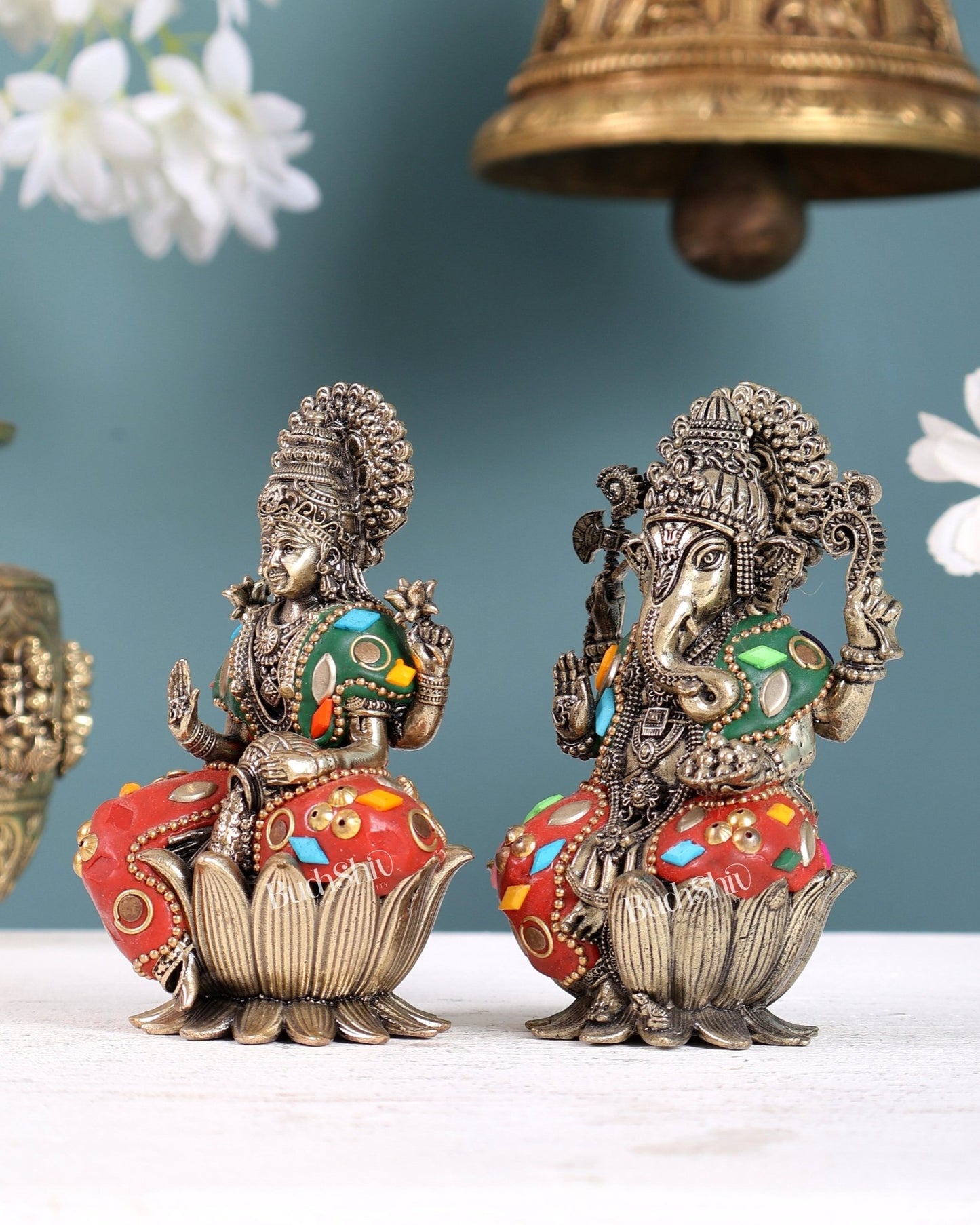 Pure Brass Superfine Ganesha Lakshmi Idol Set – Available in 4, 5, 6 & 8 Inches multicolour - Budhshiv.com