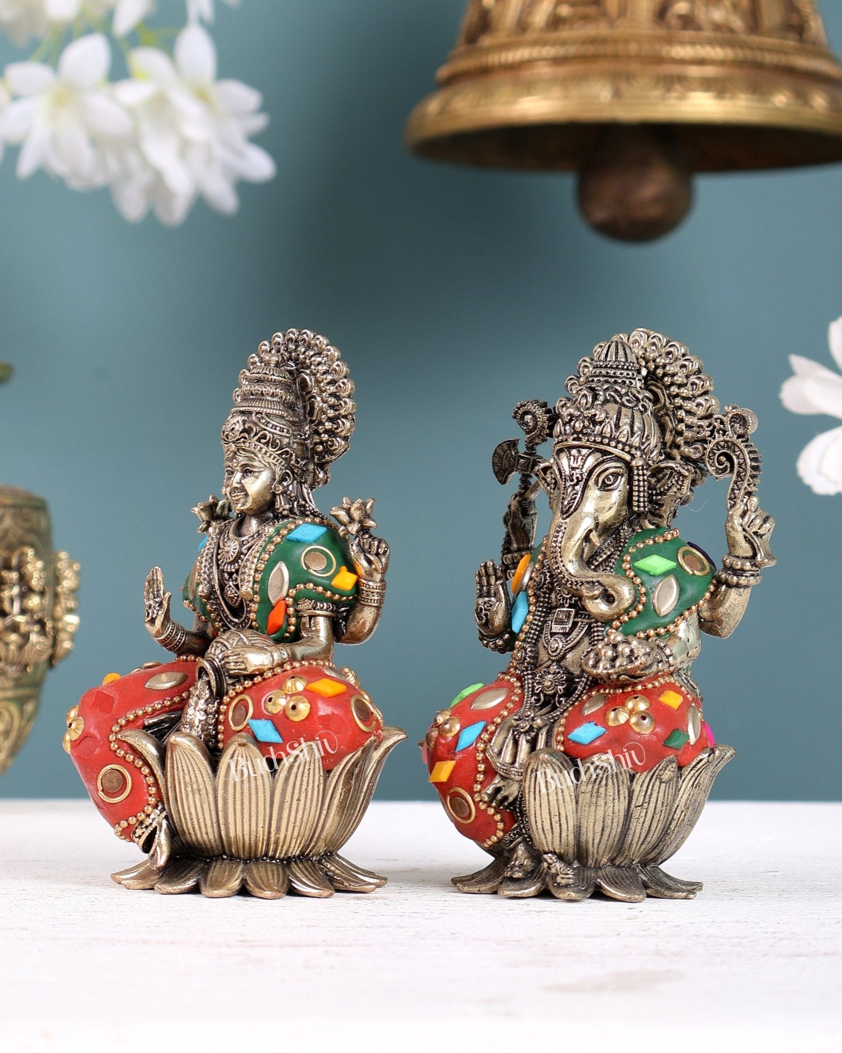 Pure Brass Superfine Ganesha Lakshmi Idol Set – Available in 4, 5, 6 & 8 Inches multicolour - Budhshiv.com