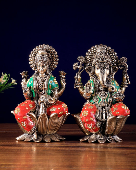 Pure Brass Superfine Ganesha Lakshmi Idol Set – Available in 4, 6 & 8 Inches meenakari - Budhshiv.com