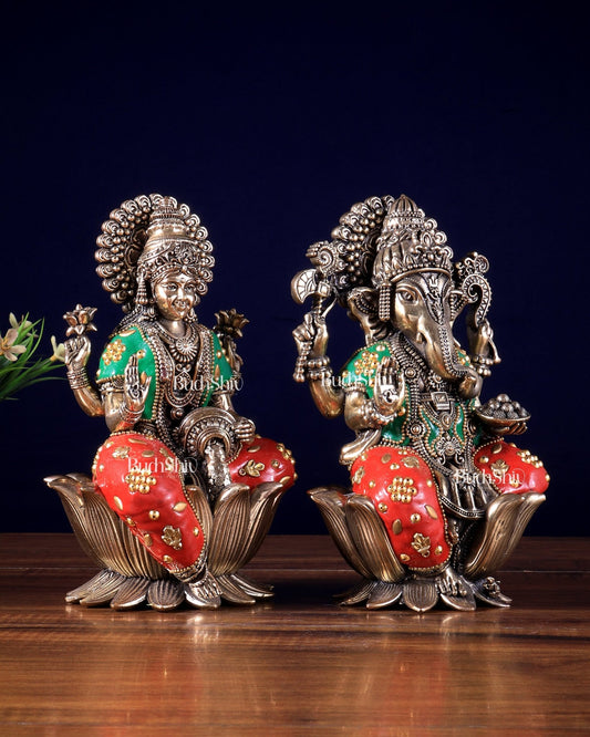 Pure Brass Superfine Ganesha Lakshmi Idol Set – Available in 4, 6 & 8 Inches meenakari - Budhshiv.com